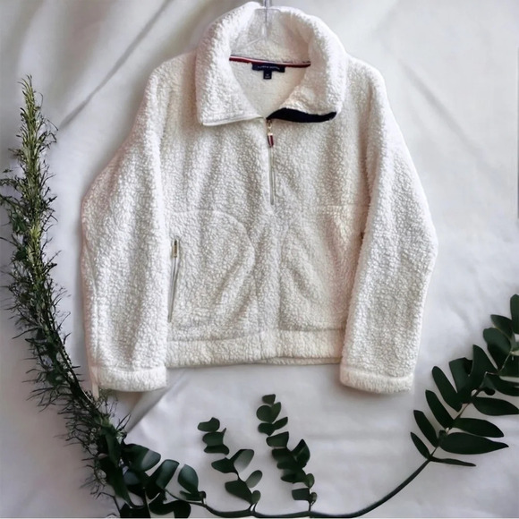 TOMMY HILFIGER Teddy Plush Sherpa Cream Fleece Quarter Zip Pullover Size Small - Picture 1 of 12